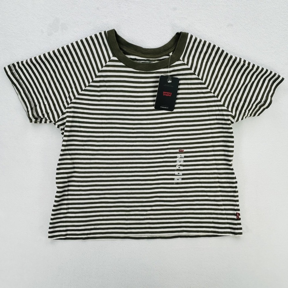 Levi's Shirt Womens Medium Green White Striped Short Sleeve Crewneck Tee NEW - Picture 1 of 16
